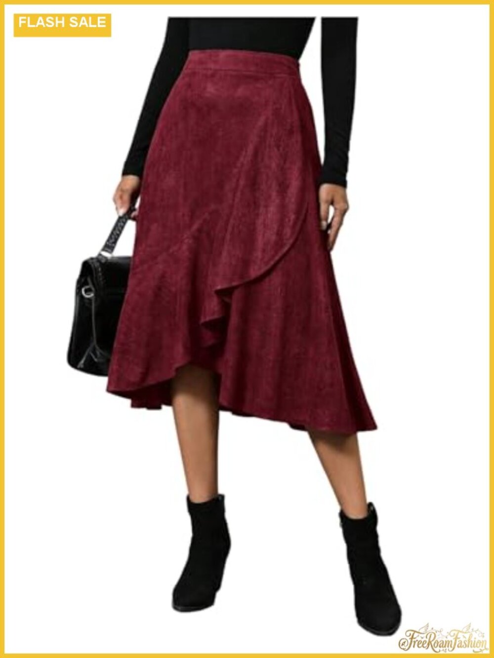 High Waisted Asymmetrical Ruffle Midi Skirt Polyester Business Casual